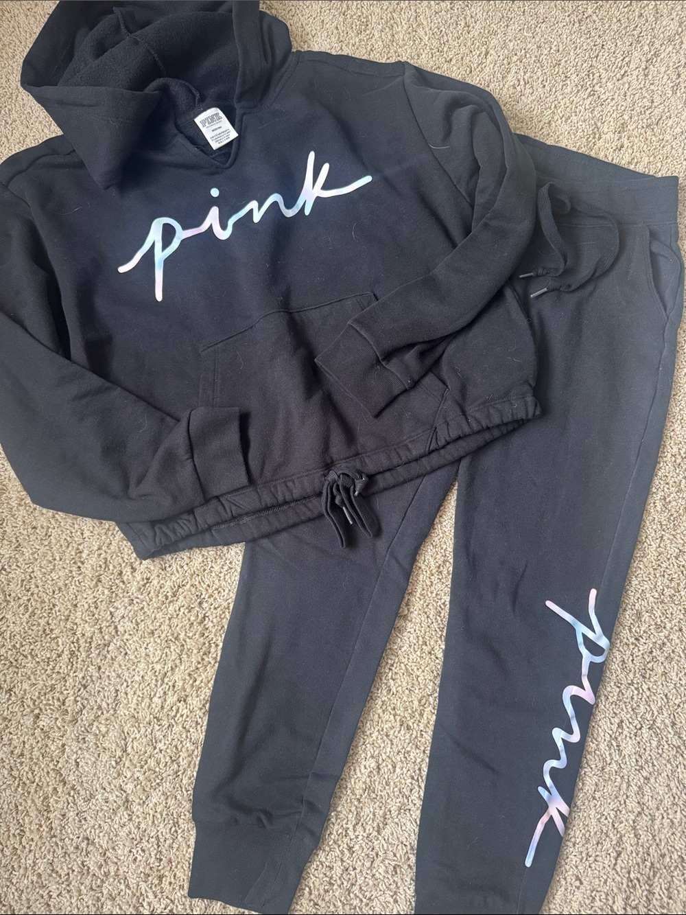 PINK Victoria's Secret Black Hoodie & Jogger Set with Pastel Script